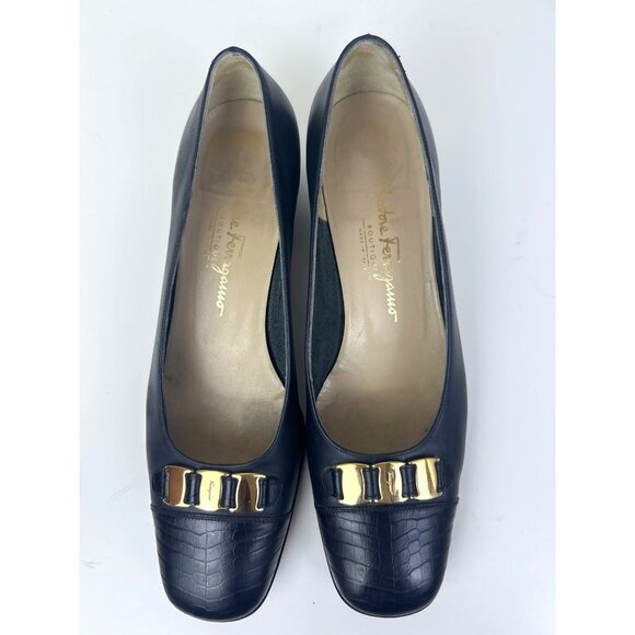 Salvatore Ferragamo Women’s 9.5B  Leather Pumps Croc Embossed Square Toe Gold - Picture 10 of 14